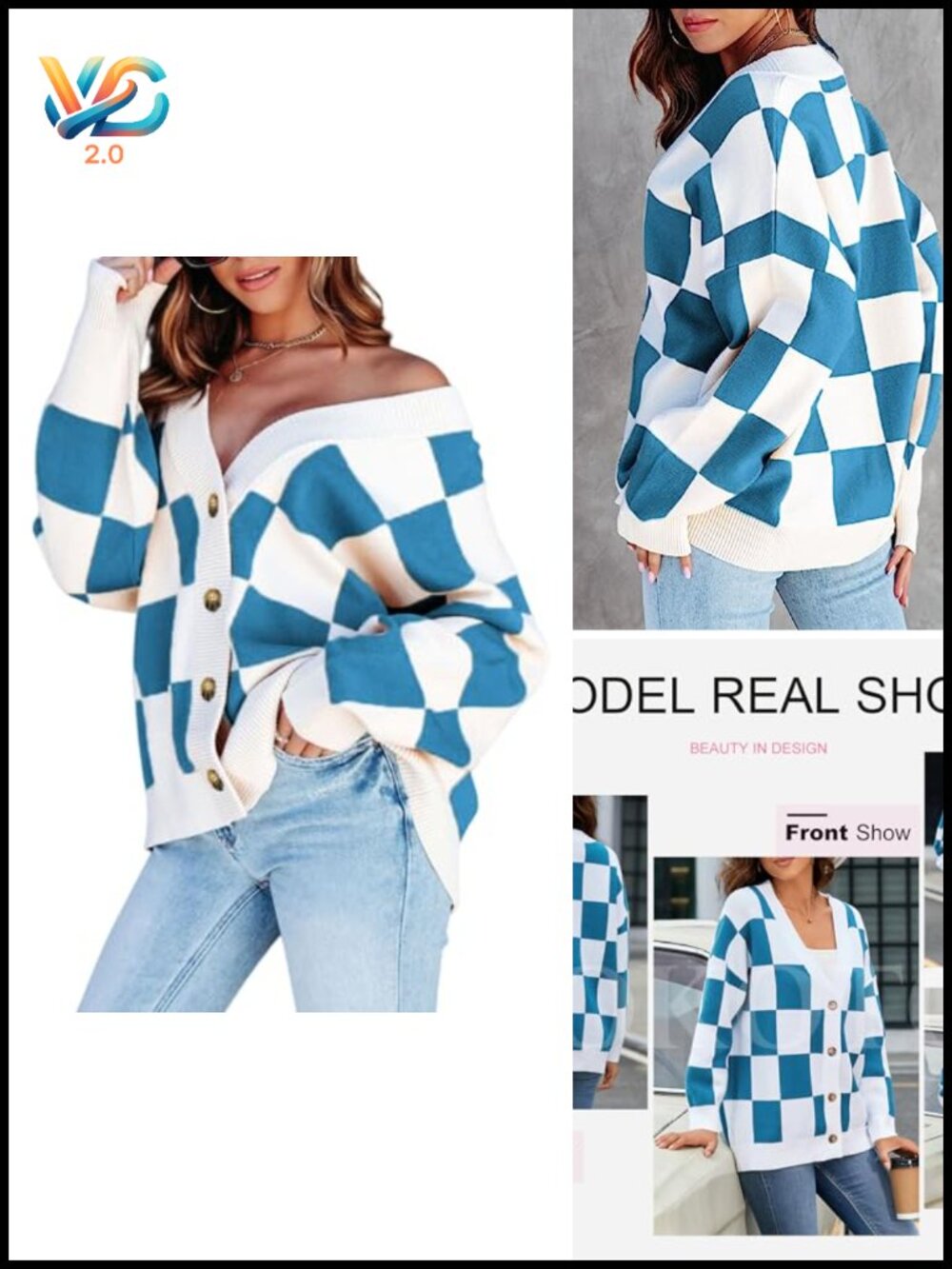 V Neck Button Down Cable Knit Cardigan Sweater Oversized Plaid